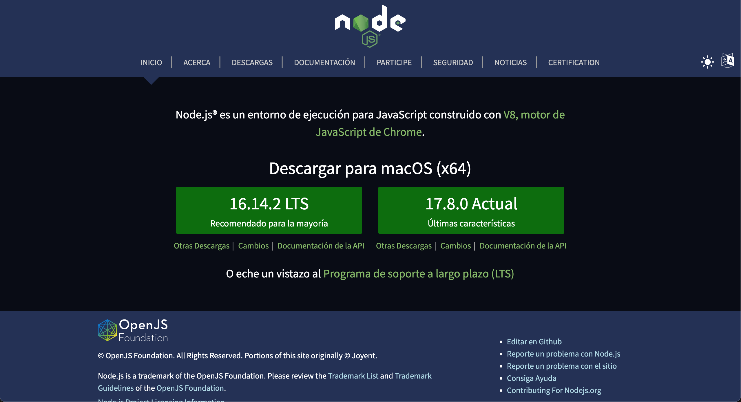 Descarga de NodeJS